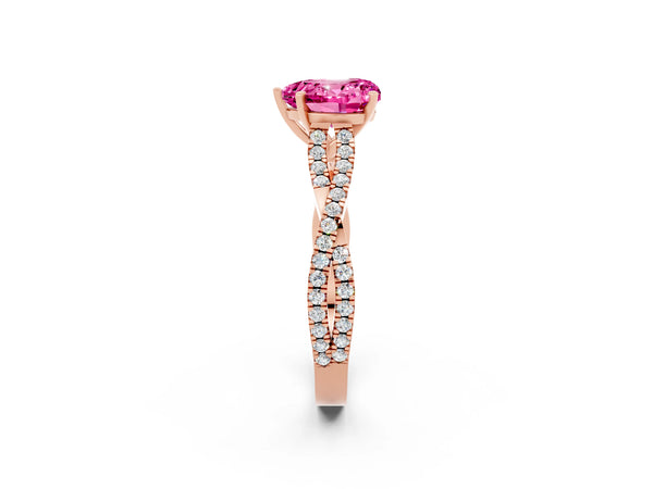 Rose gold Heart Cut Pink Sapphire Solitaire Engagement Ring with Twisted Pavé Band and Four-Prong Setting