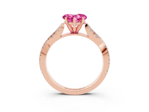 Rose gold Heart Cut Pink Sapphire Solitaire Engagement Ring with Twisted Pavé Band and Four-Prong Setting
