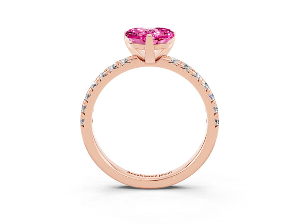 Rose gold Heart Cut Pink Sapphire Solitaire Pavé Engagement Ring with Round Band and Prong Setting