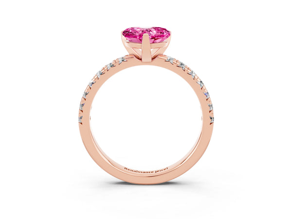 Rose gold Heart Cut Pink Sapphire Solitaire Pavé Engagement Ring with Round Band and Prong Setting