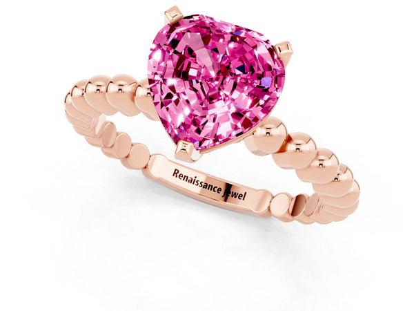 Rose gold Heart Cut Pink Sapphire Solitaire Ring with Beaded Band and Prong Setting