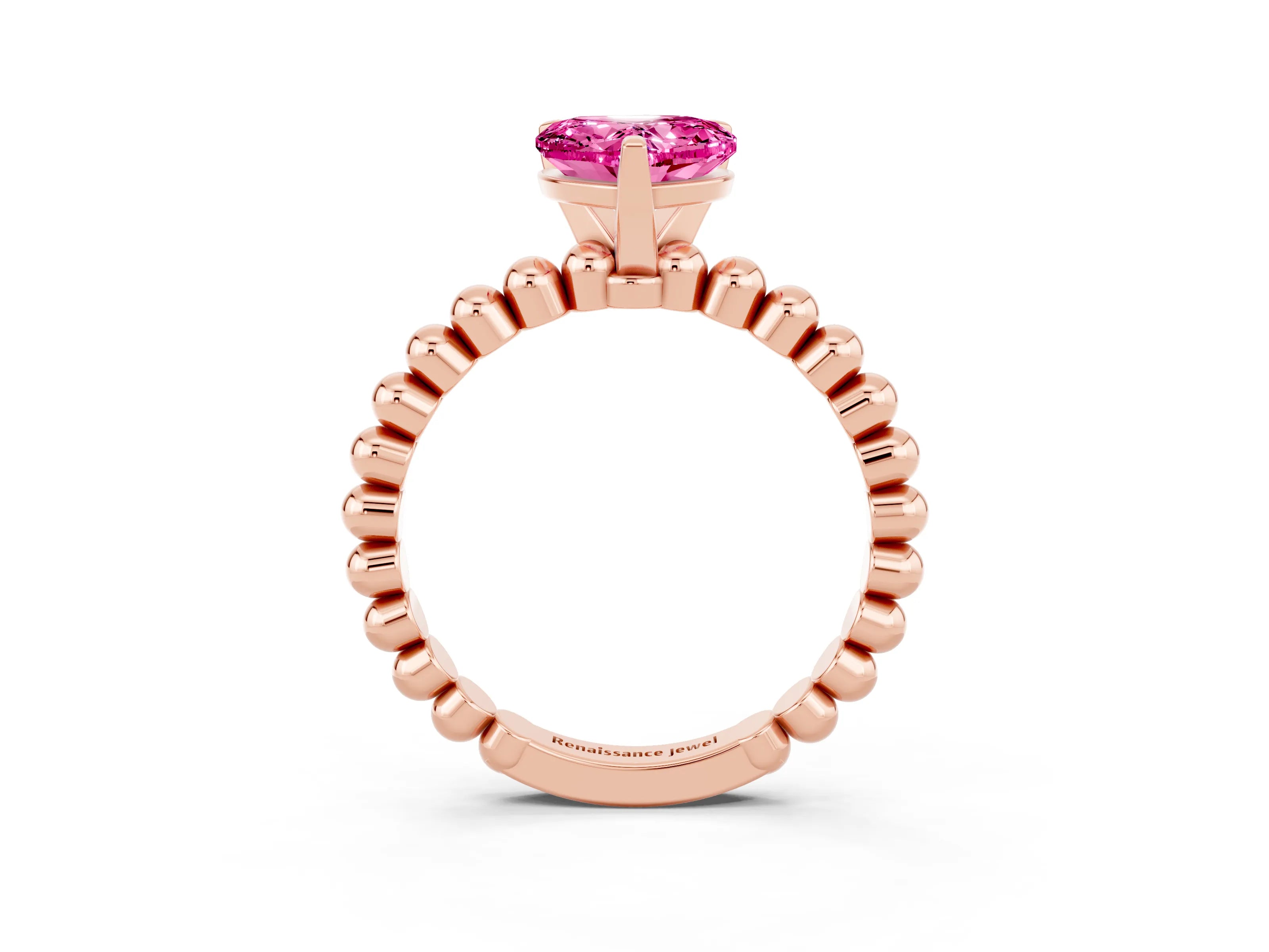 Rose gold Heart Cut Pink Sapphire Solitaire Ring with Beaded Band and Prong Setting_3