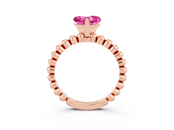 Rose gold Heart Cut Pink Sapphire Solitaire Ring with Beaded Band and Prong Setting