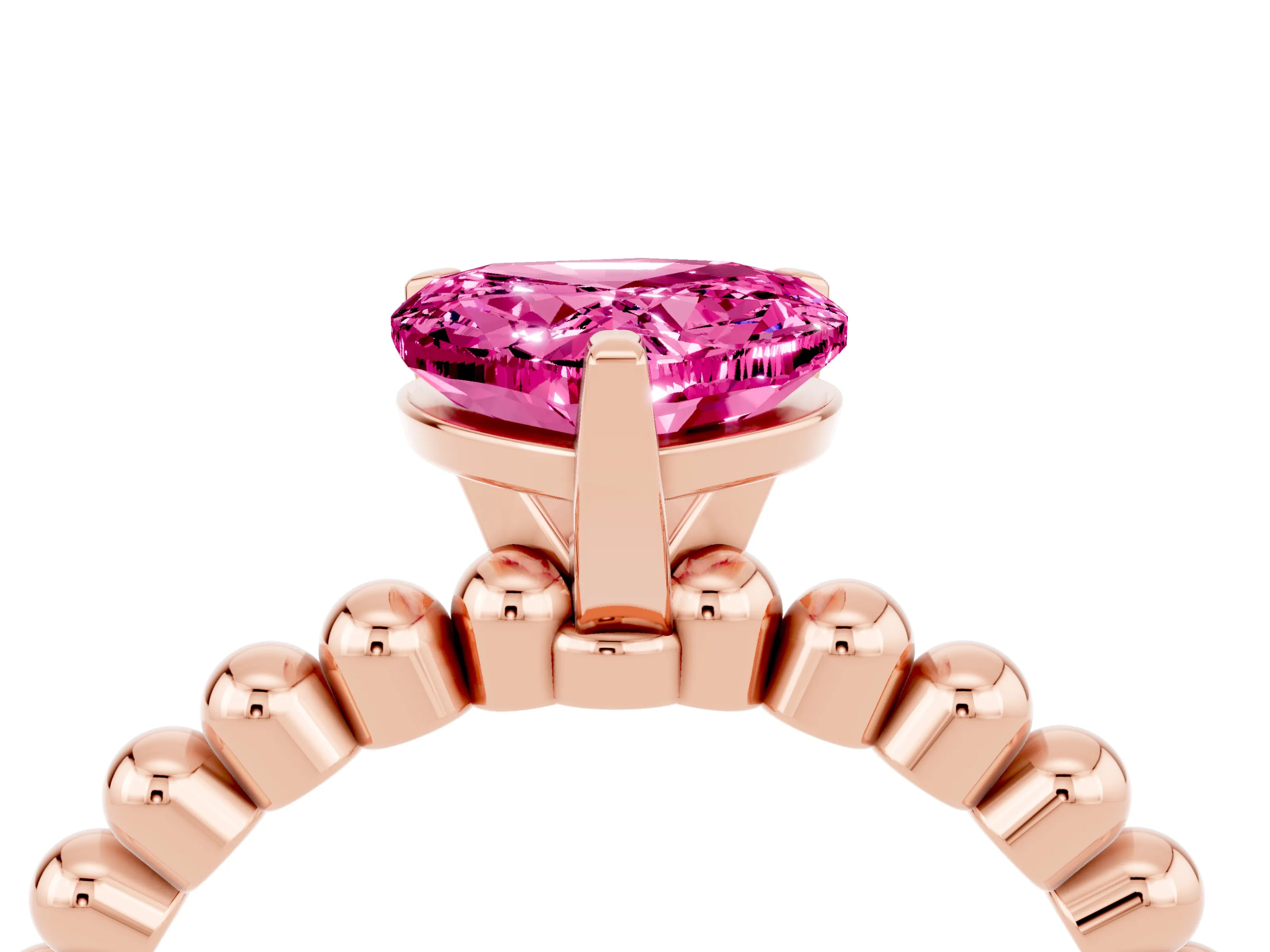 Rose gold Heart Cut Pink Sapphire Solitaire Ring with Beaded Band and Prong Setting_4