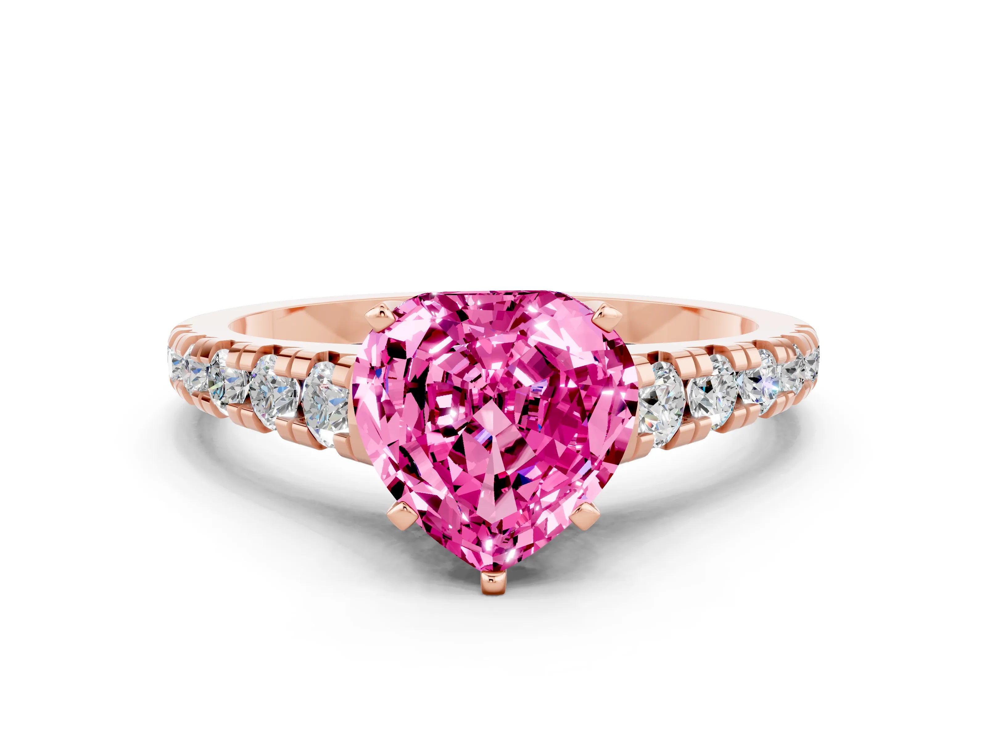 Rose gold Heart Cut Pink Sapphire Solitaire Ring with Cathedral Setting and Pavé Band_24