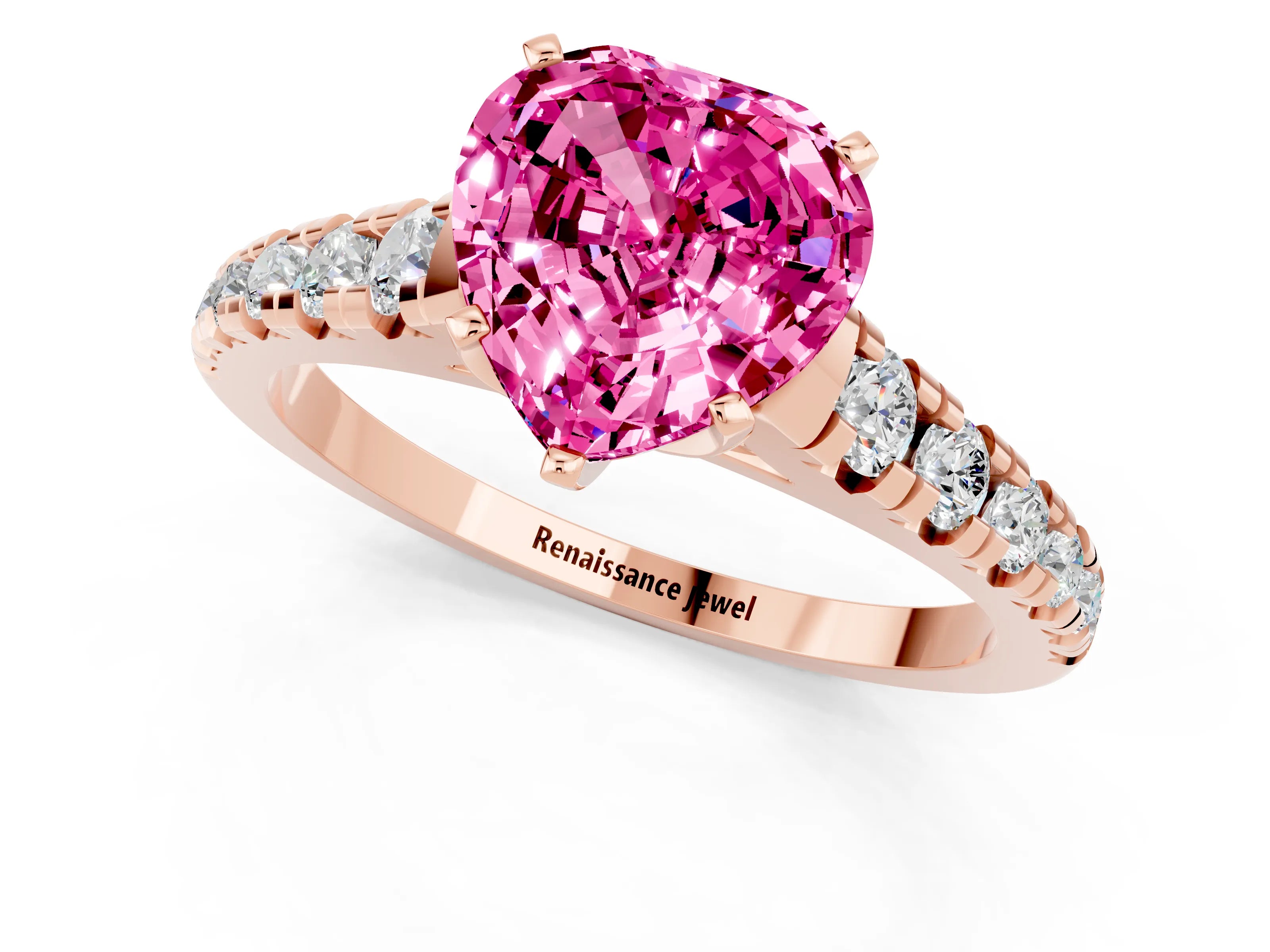 Rose gold Heart Cut Pink Sapphire Solitaire Ring with Cathedral Setting and Pavé Band_25