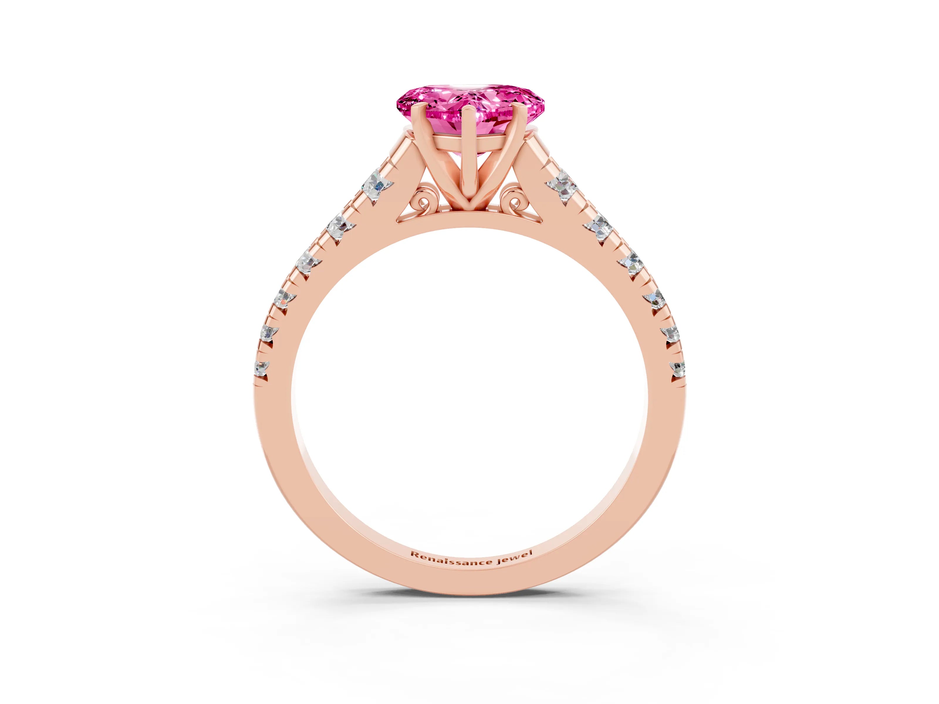 Rose gold Heart Cut Pink Sapphire Solitaire Ring with Cathedral Setting and Pavé Band_27