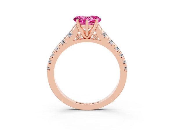 Rose gold Heart Cut Pink Sapphire Cathedral Solitaire Ring with Round  Pavé Band