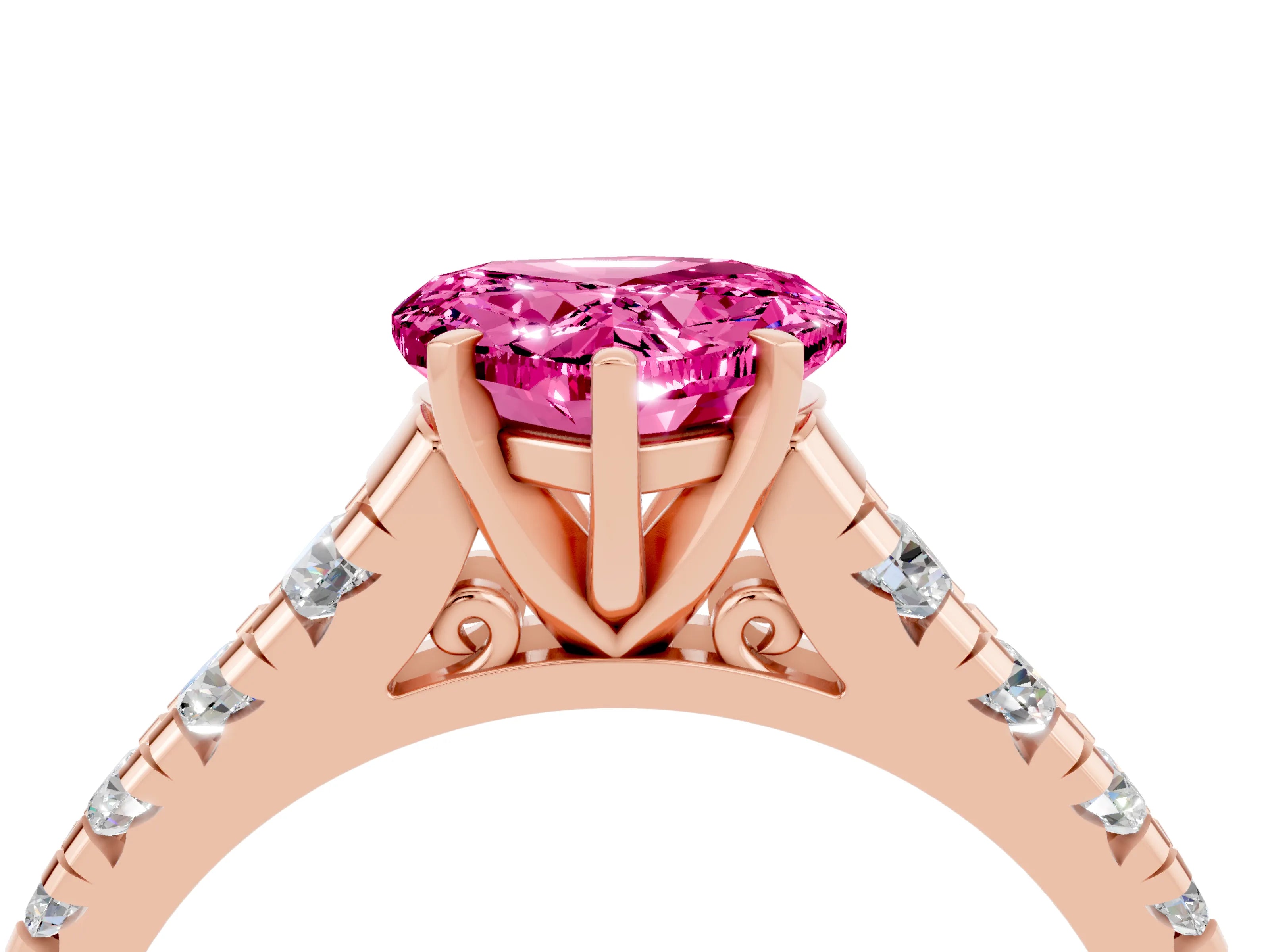 Rose gold Heart Cut Pink Sapphire Solitaire Ring with Cathedral Setting and Pavé Band_28