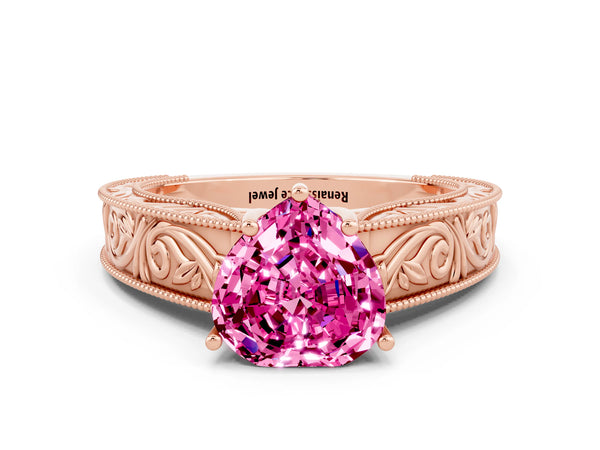 Rose gold Heart Cut Pink Sapphire Solitaire Ring with Engraved Band and Four-Prong Setting