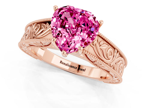 Rose gold Heart Cut Pink Sapphire Solitaire Ring with Engraved Band and Four-Prong Setting_1