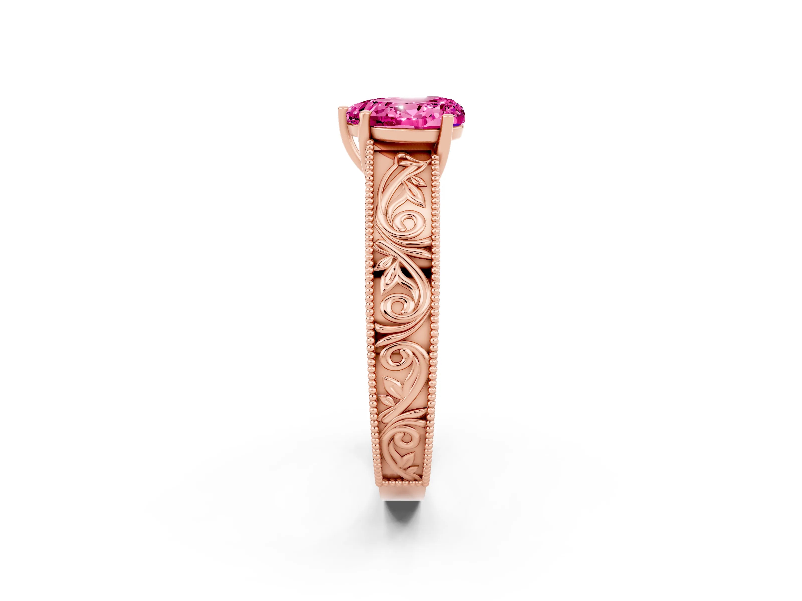 Rose gold Heart Cut Pink Sapphire Solitaire Ring with Engraved Band and Four-Prong Setting_2