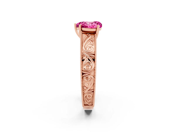 Rose gold Heart Cut Pink Sapphire Solitaire Ring with Engraved Band and Four-Prong Setting