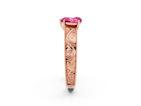 Rose gold Heart Cut Pink Sapphire Solitaire Ring with Engraved Band and Four-Prong Setting_2