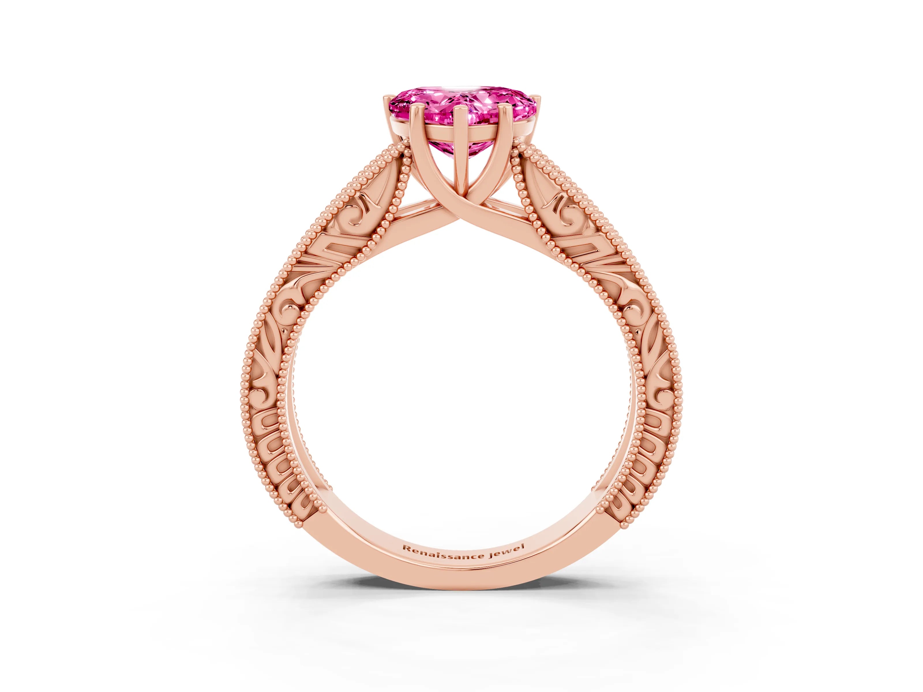 Rose gold Heart Cut Pink Sapphire Solitaire Ring with Engraved Band and Four-Prong Setting_3