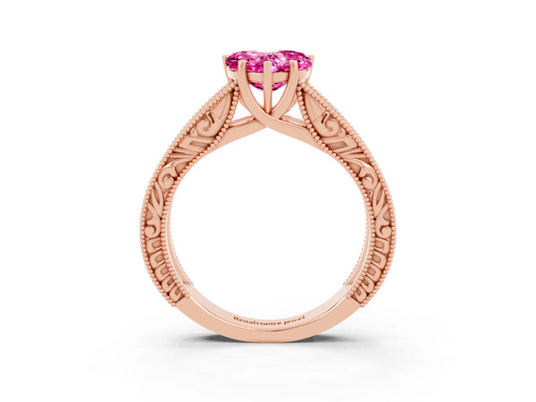 Rose gold Heart Cut Pink Sapphire Solitaire Ring with Engraved Band and Four-Prong Setting