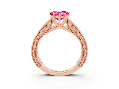 Rose gold Heart Cut Pink Sapphire Solitaire Ring with Engraved Band and Four-Prong Setting_3