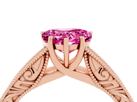 Rose gold Heart Cut Pink Sapphire Solitaire Ring with Engraved Band and Four-Prong Setting_4