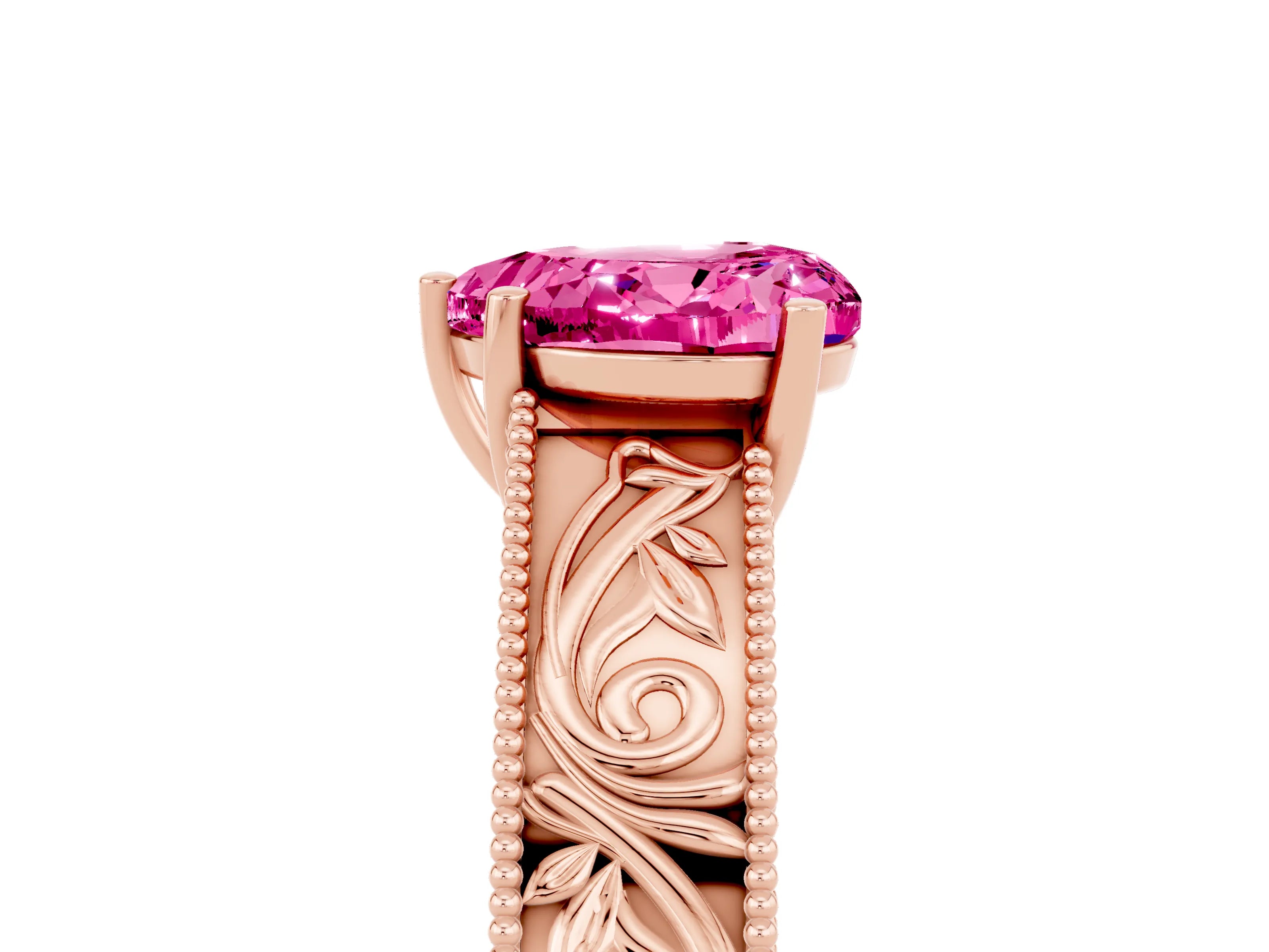 Rose gold Heart Cut Pink Sapphire Solitaire Ring with Engraved Band and Four-Prong Setting_5