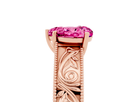 Rose gold Heart Cut Pink Sapphire Solitaire Ring with Engraved Band and Four-Prong Setting_5