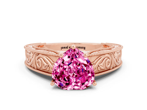 Rose gold Heart Cut Pink Sapphire Solitaire Ring with Engraved Band and Four-Prong Setting