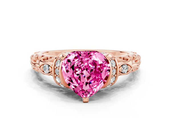 Rose gold Heart Cut Pink Sapphire Solitaire Ring with Filigree Band and Four-Prong Setting