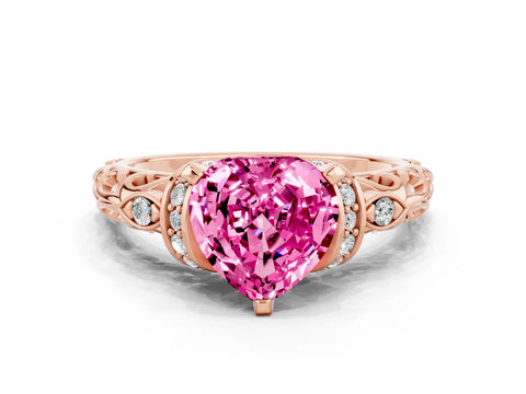 Rose gold Heart Cut Pink Sapphire Solitaire Ring with Filigree Band and Four-Prong Setting_48