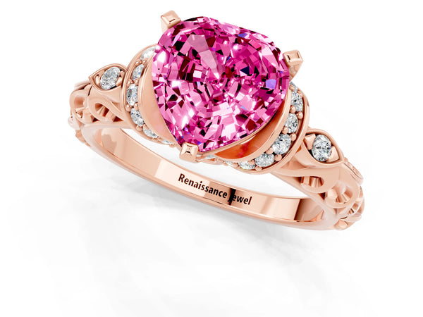 Rose gold Heart Cut Pink Sapphire Solitaire Ring with Filigree Band and Four-Prong Setting