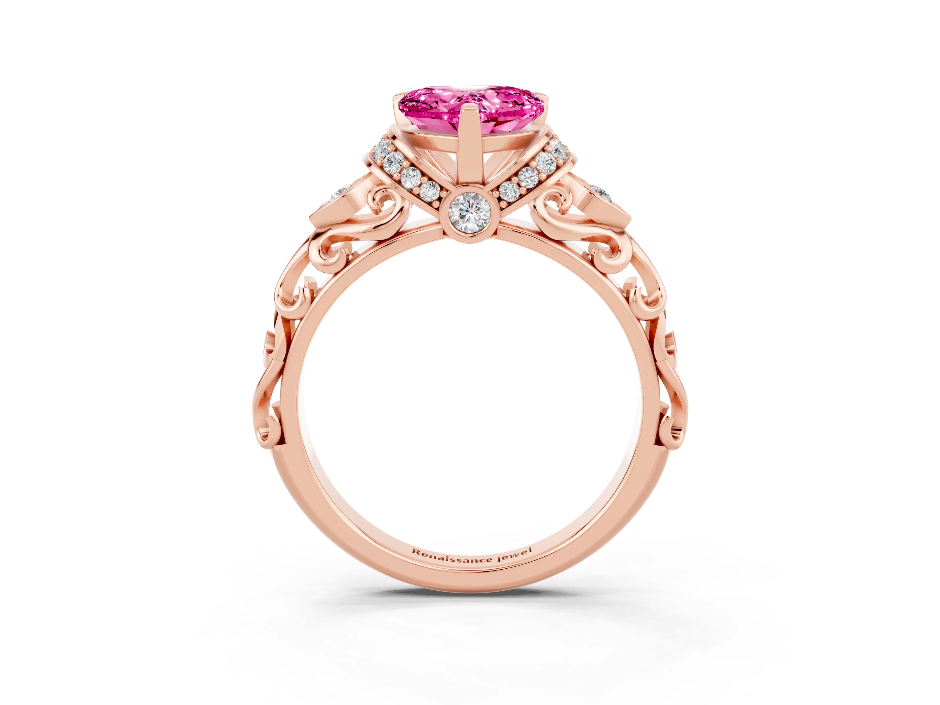 Rose gold Heart Cut Pink Sapphire Solitaire Ring with Filigree Band and Four-Prong Setting_51