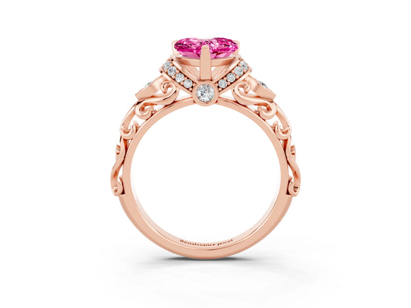 Rose gold Heart Cut Pink Sapphire Solitaire Ring with Filigree Band and Four-Prong Setting