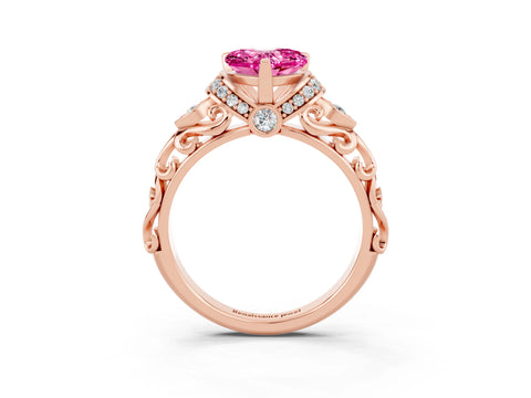 Rose gold Heart Cut Pink Sapphire Solitaire Ring with Filigree Band and Four-Prong Setting_51