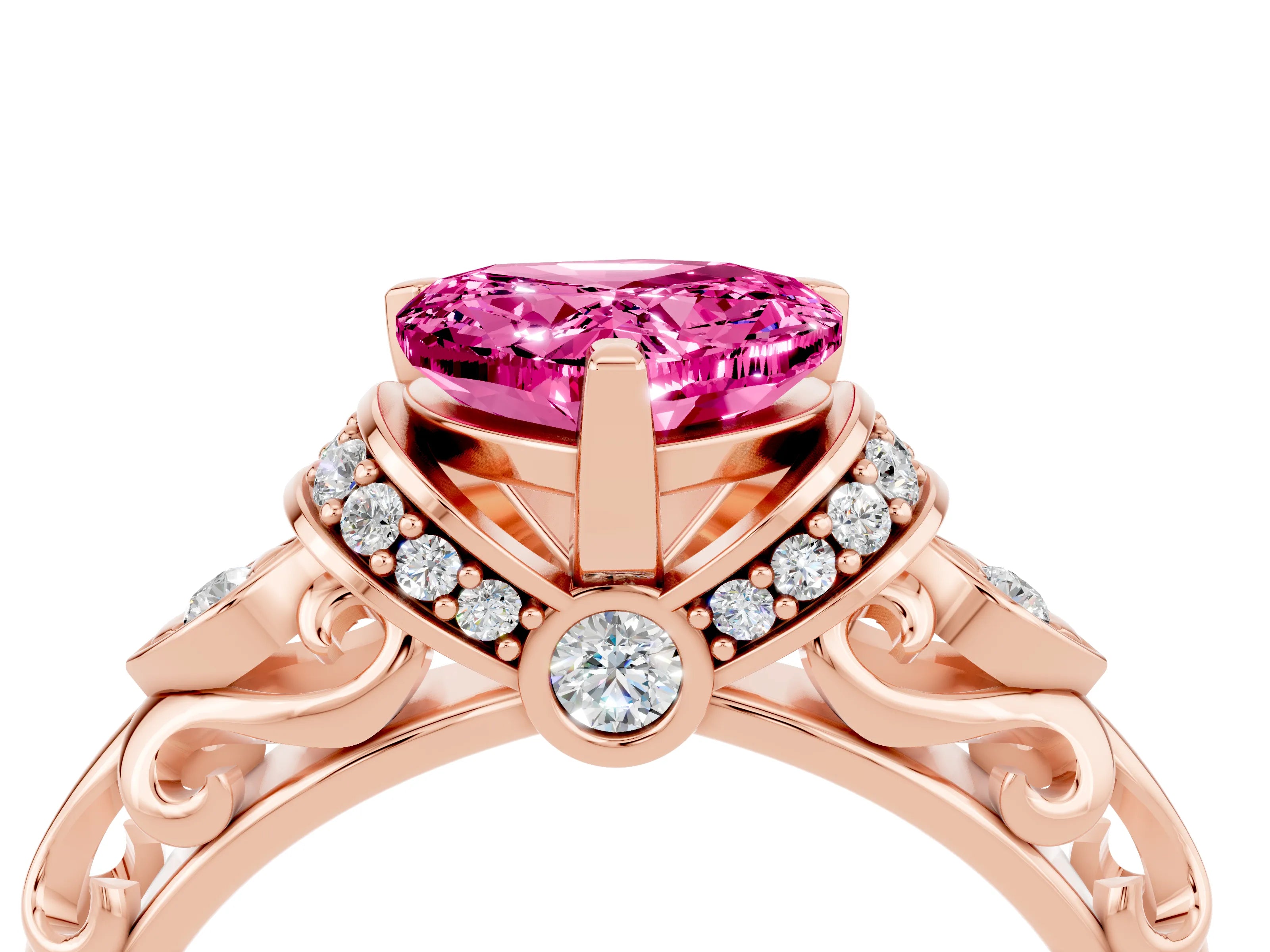 Rose gold Heart Cut Pink Sapphire Solitaire Ring with Filigree Band and Four-Prong Setting_52