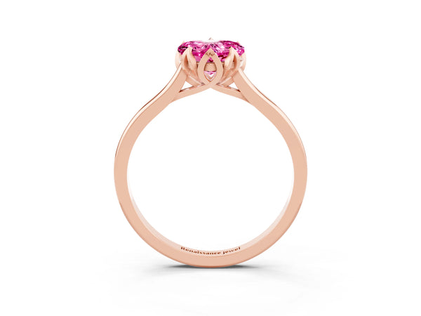 Rose gold Heart Cut Pink Sapphire Solitaire Ring with Flower Prong Setting and Classic Band