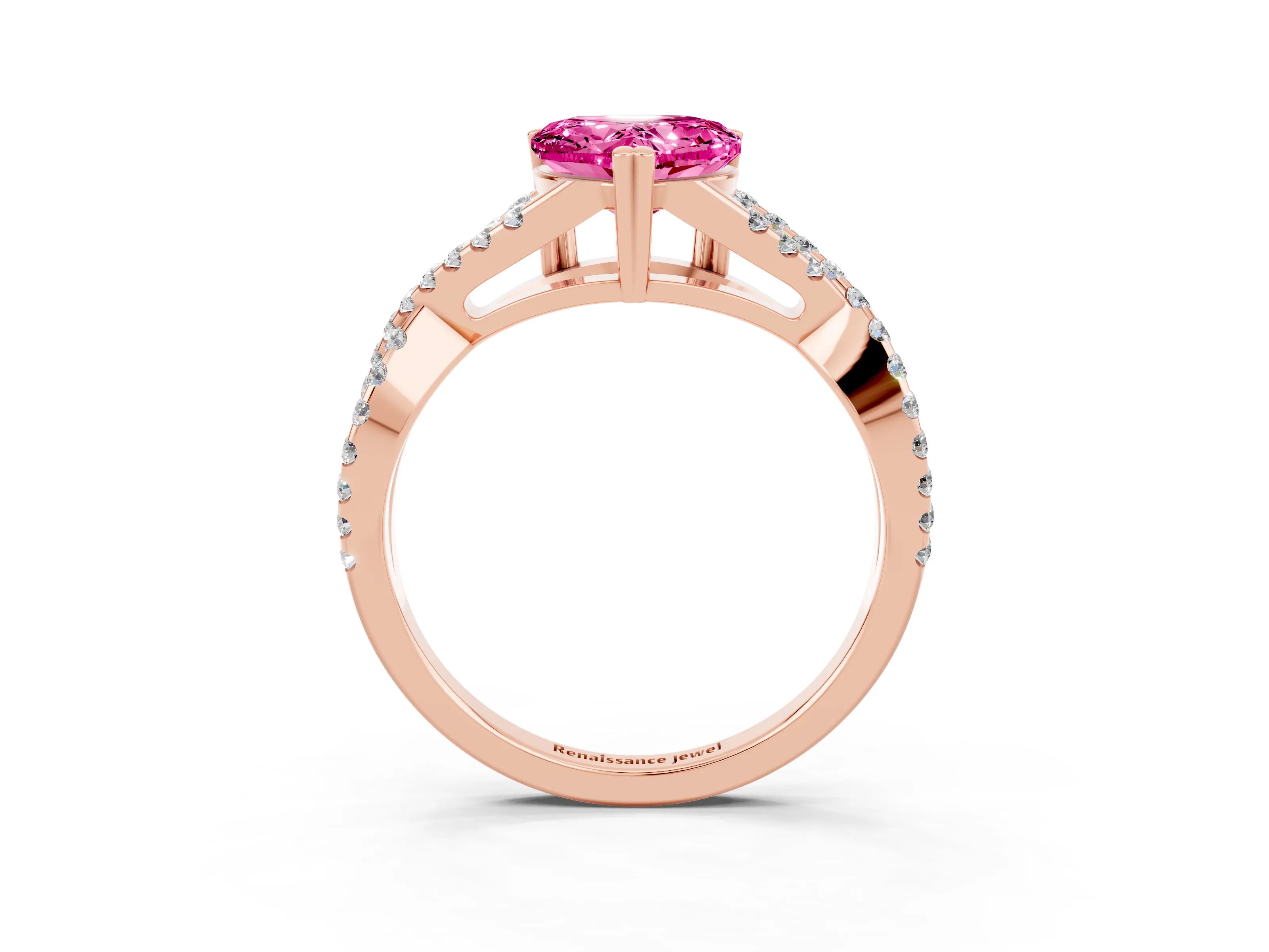 Rose gold Heart Cut Pink Sapphire Solitaire Ring with Four-Prong Setting and Twisted Pavé Band_15