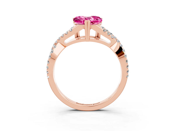 Rose gold Heart Cut Pink Sapphire Solitaire Ring with Four-Prong Setting and Twisted Pavé Band