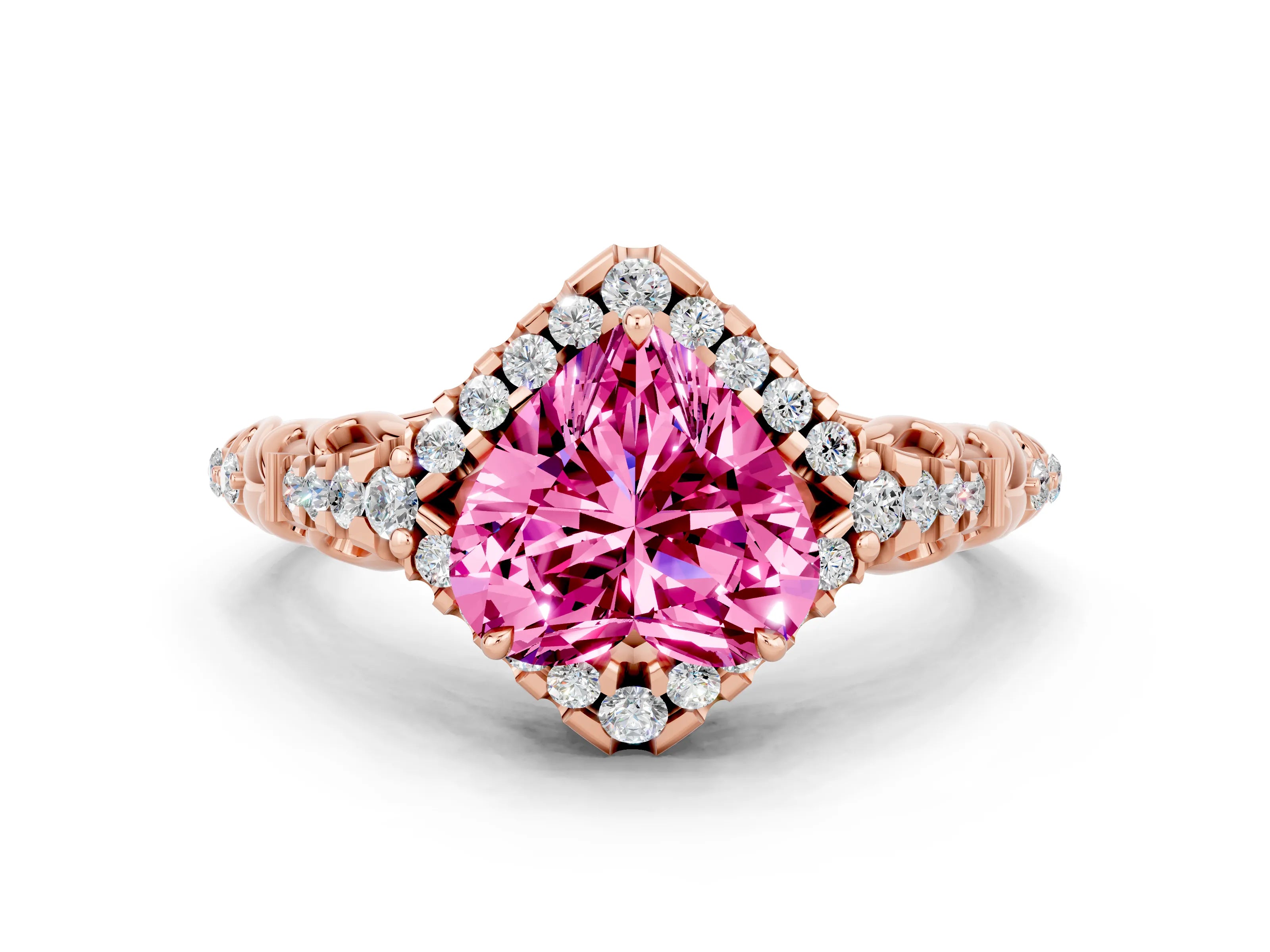 Rose gold Heart Cut Pink Sapphire Solitaire Ring with Hidden Halo and Pavé Band_12