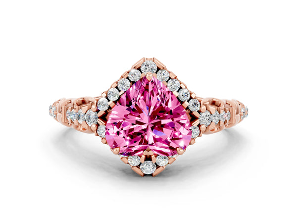 Rose gold Heart Cut Pink Sapphire Solitaire Ring with Hidden Halo and Pavé Band
