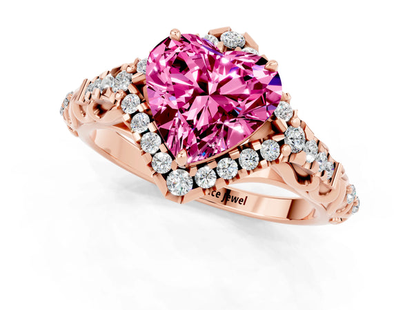 Rose gold Heart Cut Pink Sapphire Solitaire Ring with Hidden Halo and Pavé Band