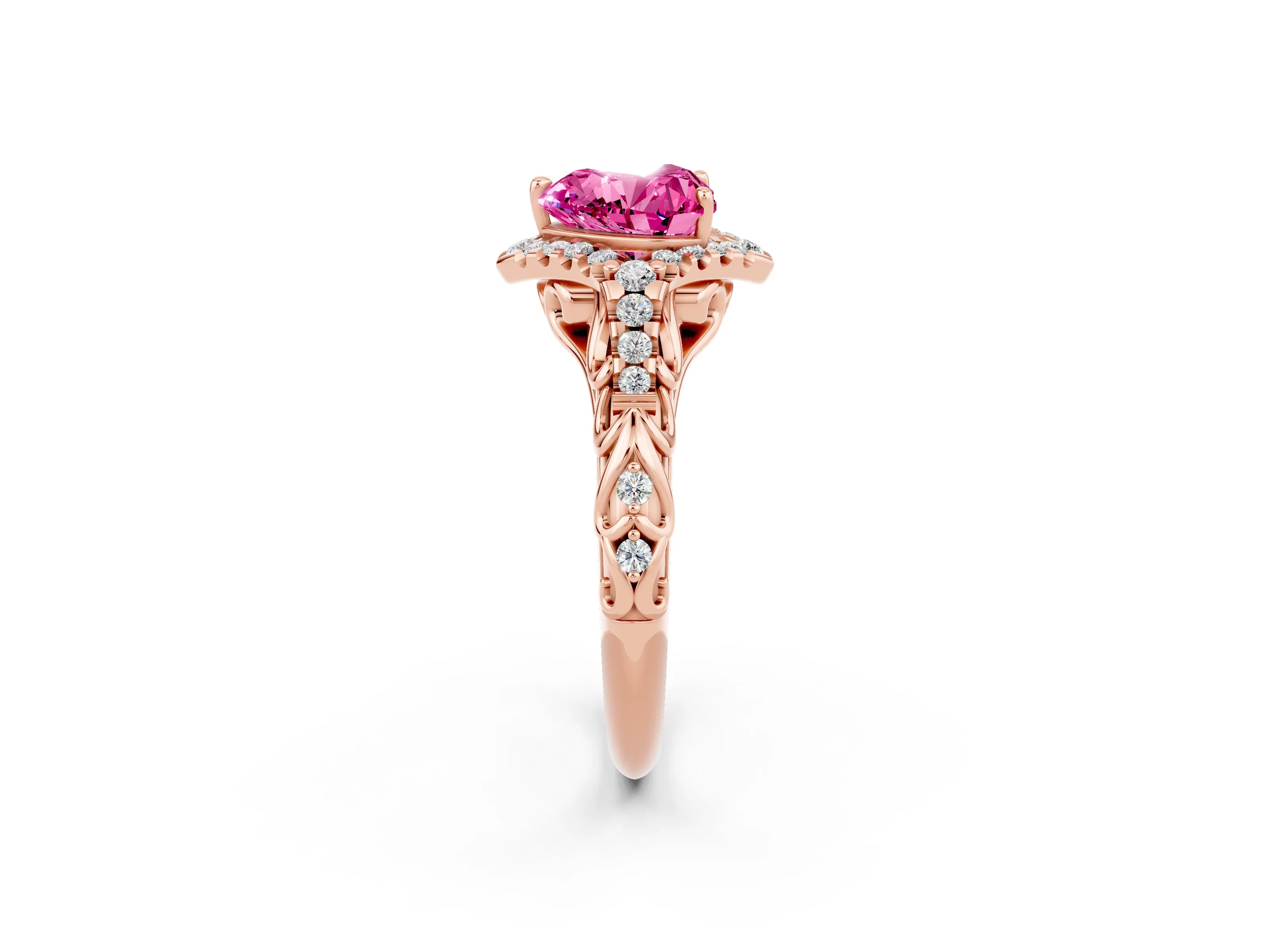 Rose gold Heart Cut Pink Sapphire Solitaire Ring with Hidden Halo and Pavé Band_14