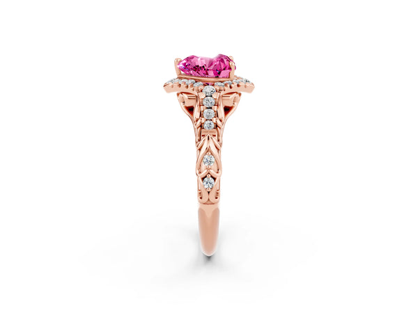 Rose gold Heart Cut Pink Sapphire Solitaire Ring with Hidden Halo and Pavé Band