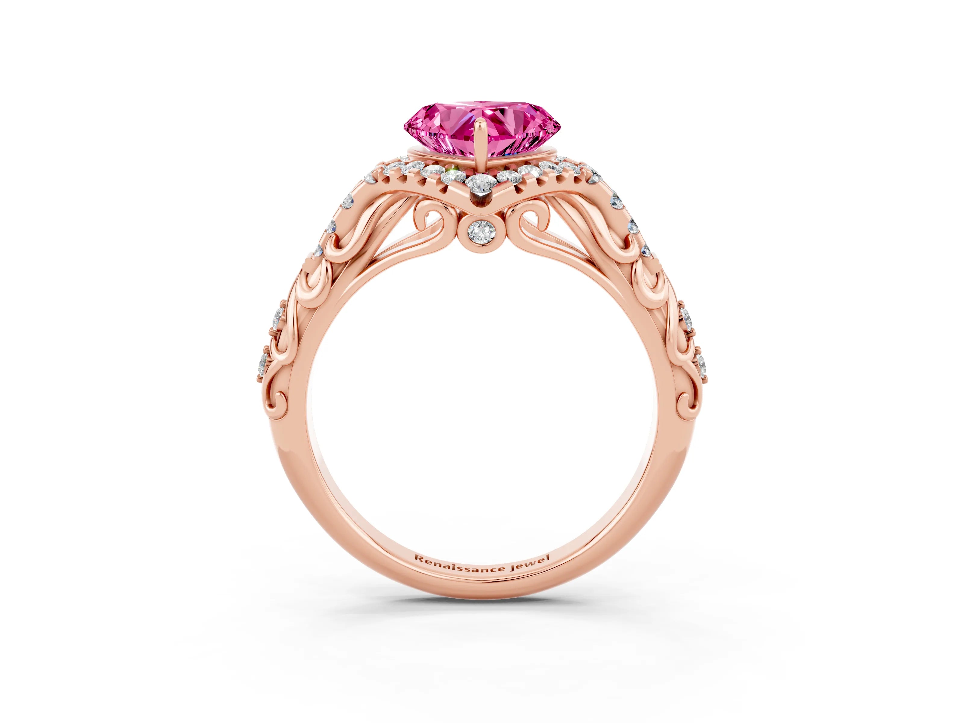Rose gold Heart Cut Pink Sapphire Solitaire Ring with Hidden Halo and Pavé Band_15