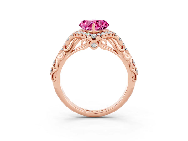 Rose gold Heart Cut Pink Sapphire Solitaire Ring with Hidden Halo and Pavé Band