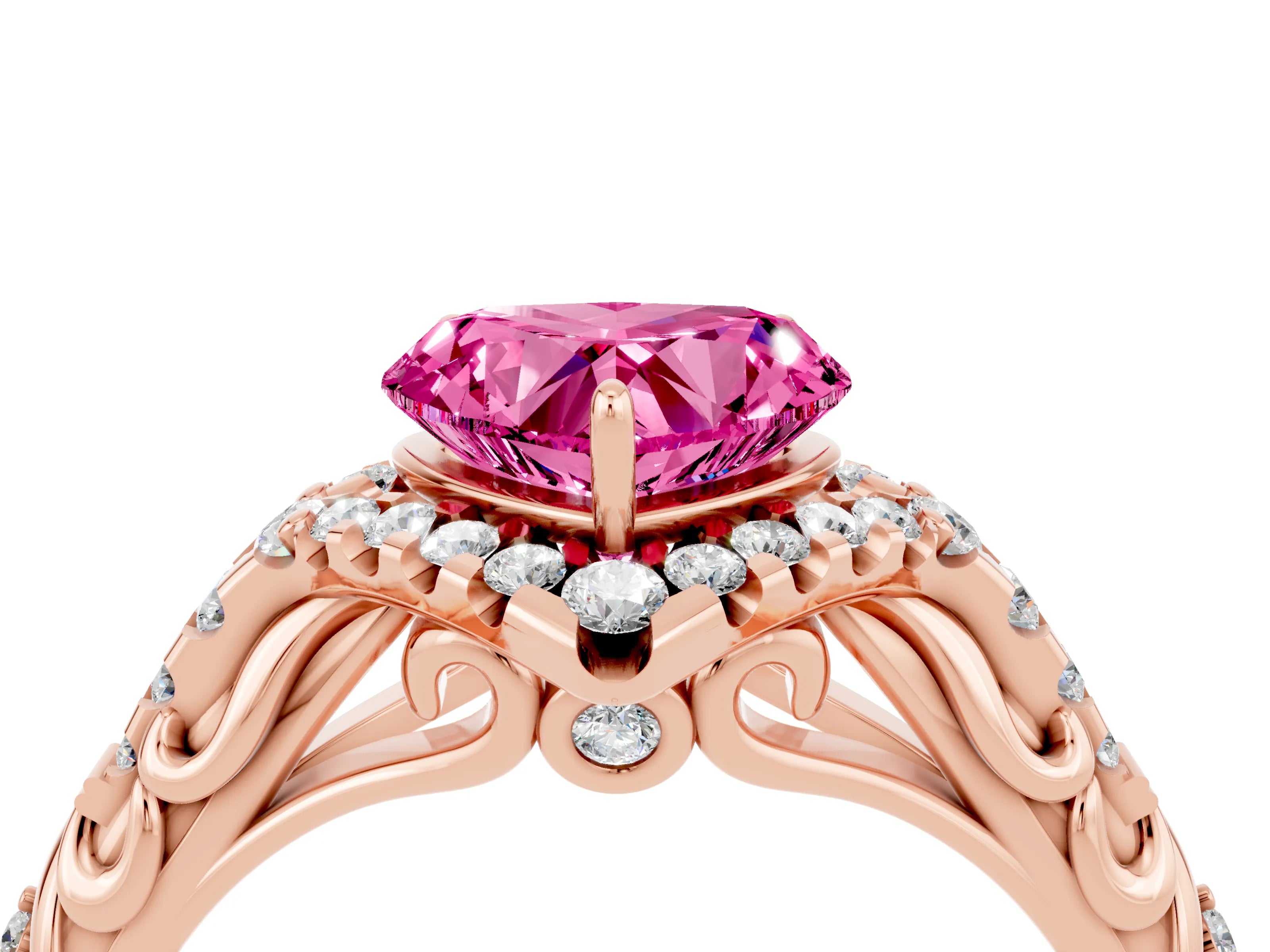 Rose gold Heart Cut Pink Sapphire Solitaire Ring with Hidden Halo and Pavé Band_16