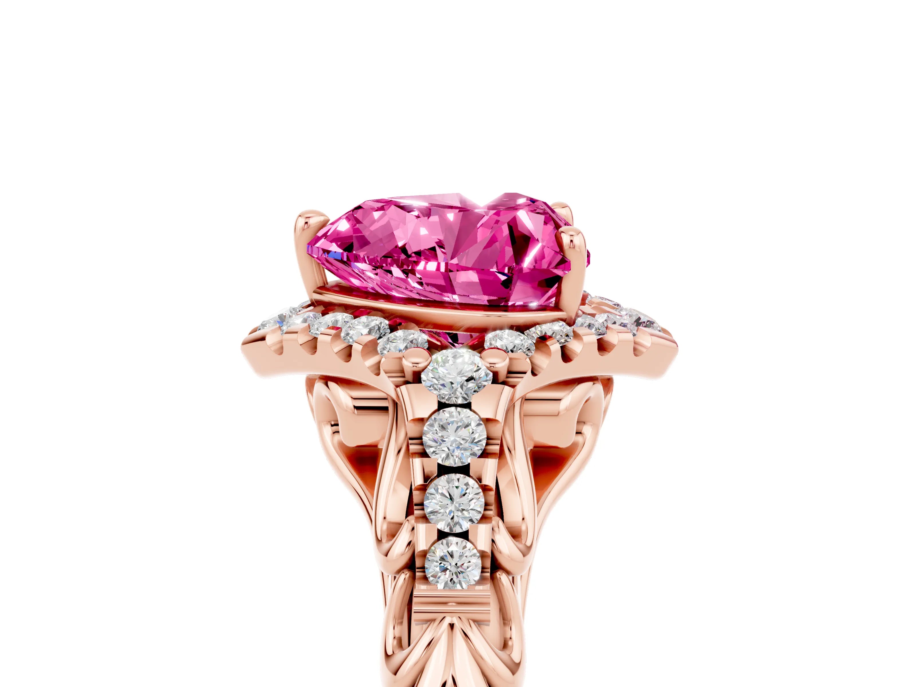 Rose gold Heart Cut Pink Sapphire Solitaire Ring with Hidden Halo and Pavé Band_17