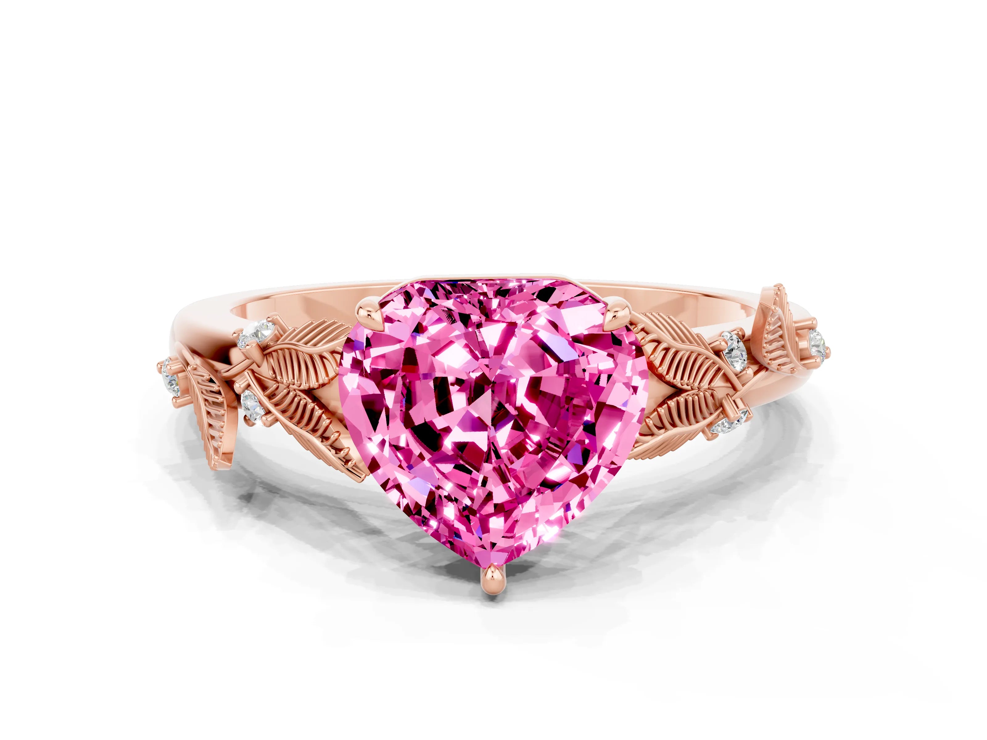 Rose gold Heart Cut Pink Sapphire Solitaire Ring with Leaf Motif Band and Four-Prong Setting