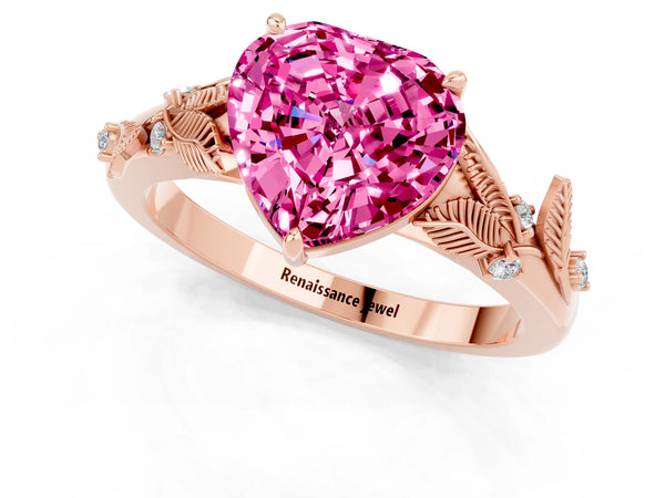 Rose gold Heart Cut Pink Sapphire Solitaire Ring with Leaf Motif Band and Four-Prong Setting
