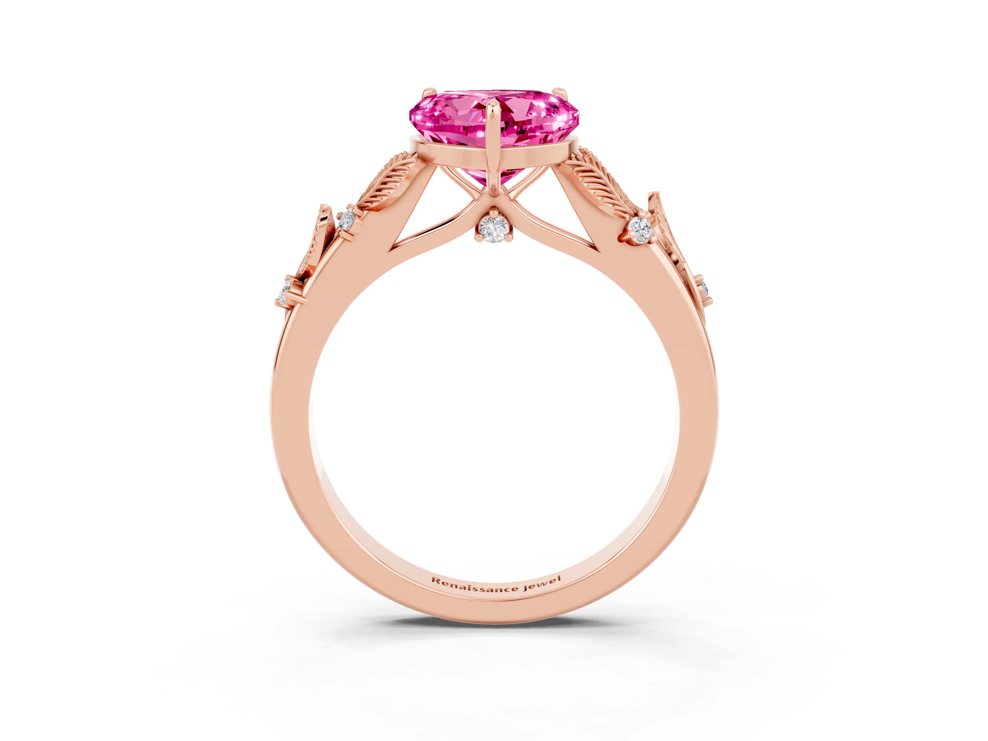 Rose gold Heart Cut Pink Sapphire Solitaire Ring with Leaf Motif Band and Four-Prong Setting_3