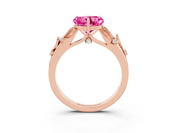 Rose gold Heart Cut Pink Sapphire Solitaire Ring with Leaf Motif Band and Four-Prong Setting