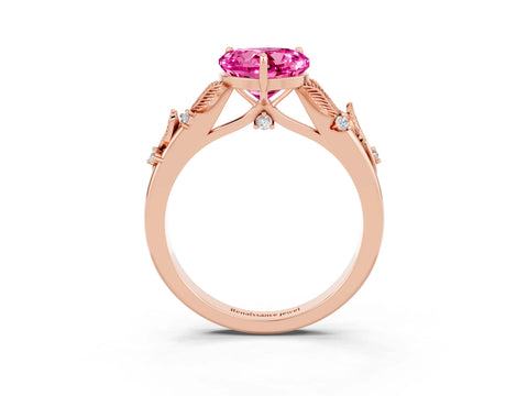 Rose gold Heart Cut Pink Sapphire Solitaire Ring with Leaf Motif Band and Four-Prong Setting_3