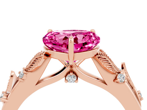 Rose gold Heart Cut Pink Sapphire Solitaire Ring with Leaf Motif Band and Four-Prong Setting_4